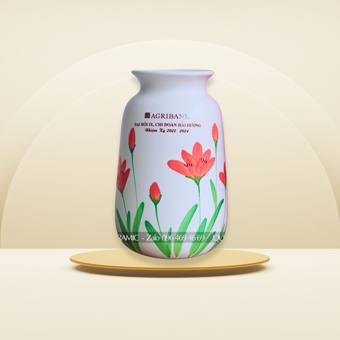 Lọ hoa miệng loe men mát trắng, vẽ tay thủ công, quà tặng doanh nghiệp Agribank.