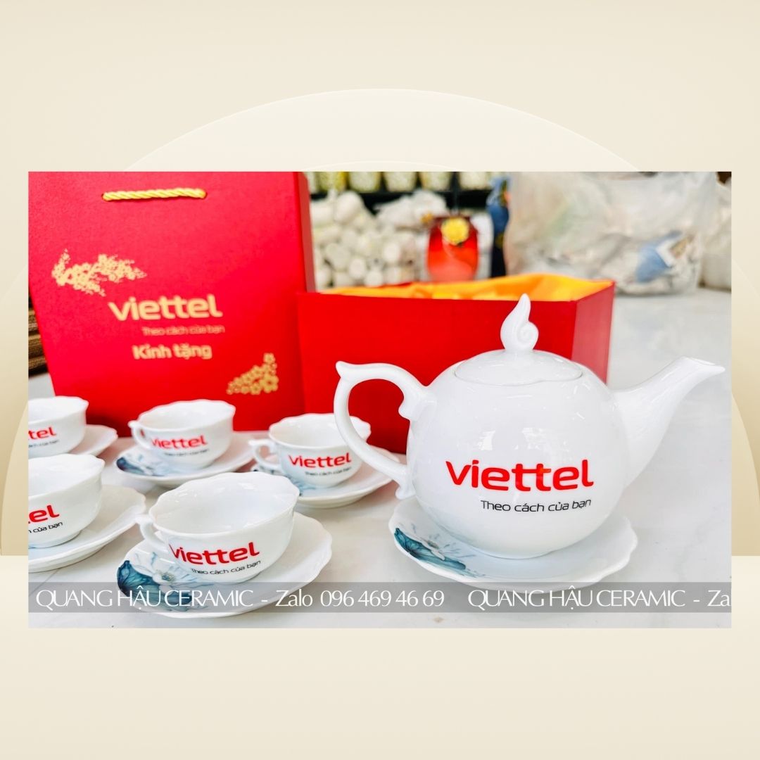 Bộ ấm chén decal nhiệt trắng bóng, quà tặng doanh nghiệp Viettel.