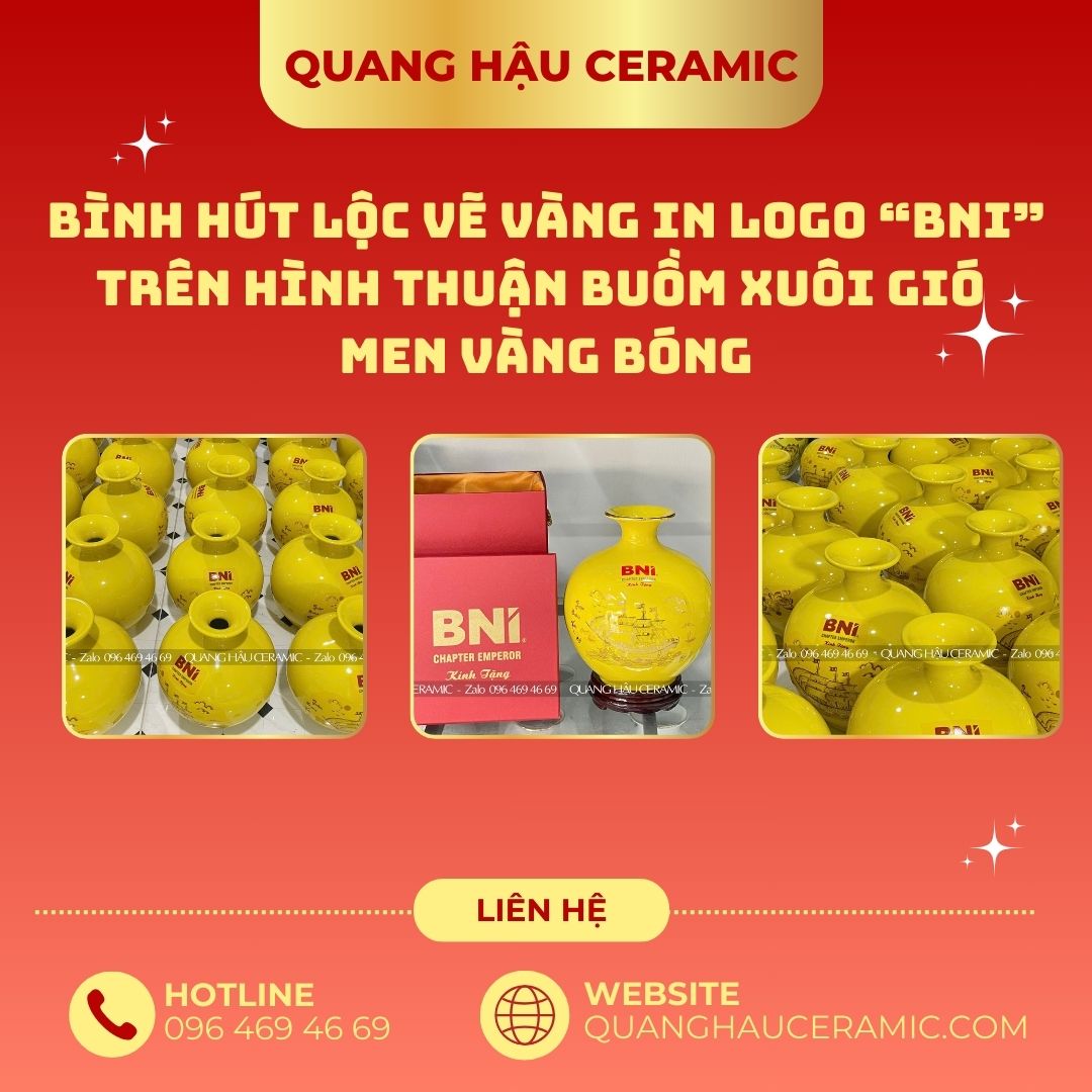 Cận cảnh lớp decal vàng vàng bóng trên bình hút lộc BNI Chapter Emperor.
