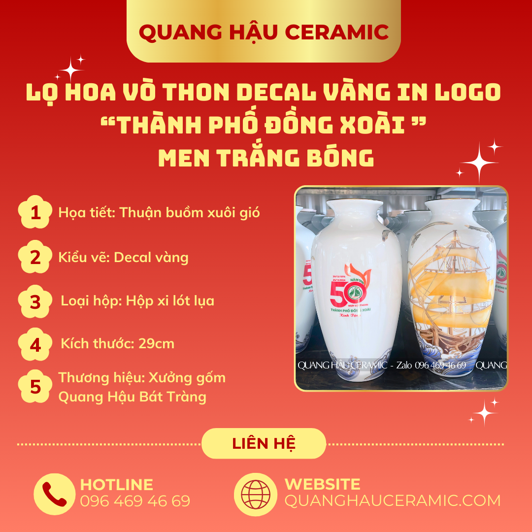 Cận cảnh logo decal nhiệt và lớp vàng trắng bóng trên lọ hoa vò thon Đồng Xoài.