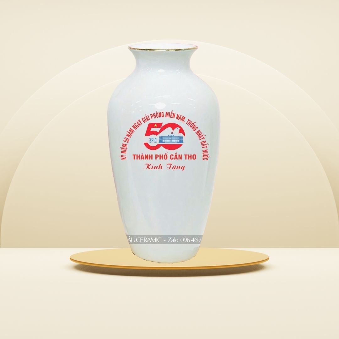 Lọ hoa vò thon decal nhiệt trắng bóng, quà tặng doanh nghiệp thành phố Cần Thơ.
