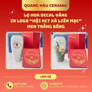 Lọ hoa in logo Hội NCT Xã Liên Mạc với họa tiết chim công phú quý