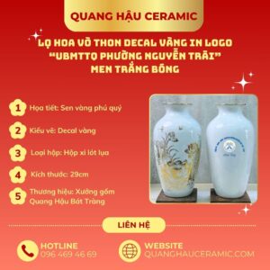 Thông số lọ hoa in logo UBMTTQ Phường Nguyễn Trãi – men trắng bóng