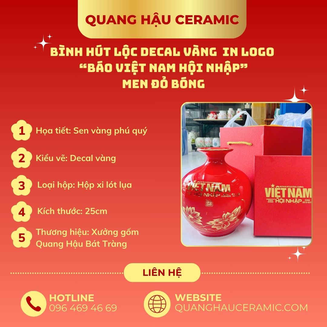 Thông số kỹ thuật bình hút lộc in logo Báo Việt Nam Hội Nhập