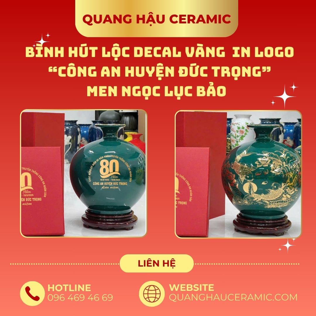 Bình hút lộc in logo Công an huyện Đức Trọng – họa tiết cá chép trông trăng hai mặt