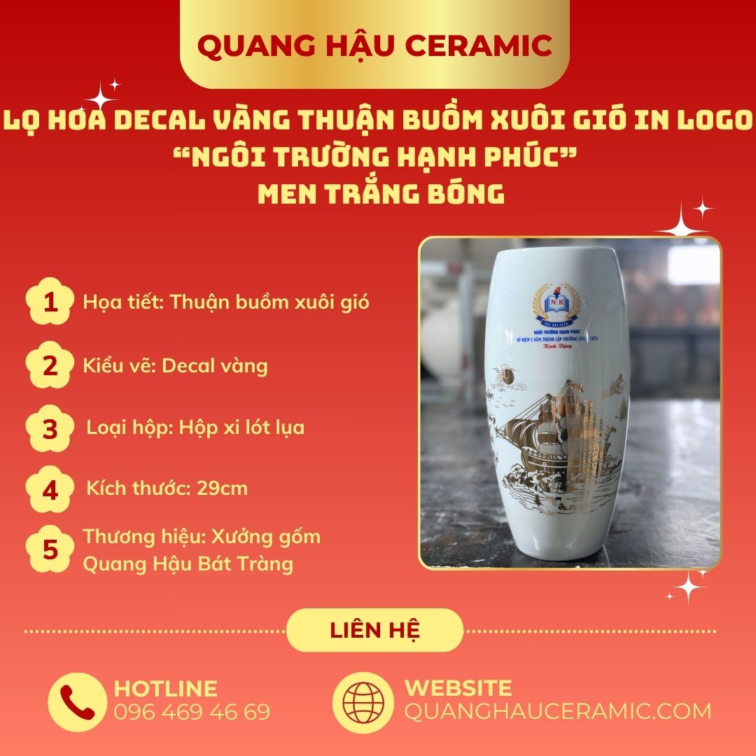 Thông số lọ hoa Ngôi Trường Hạnh Phúc – dáng bom men trắng bóng